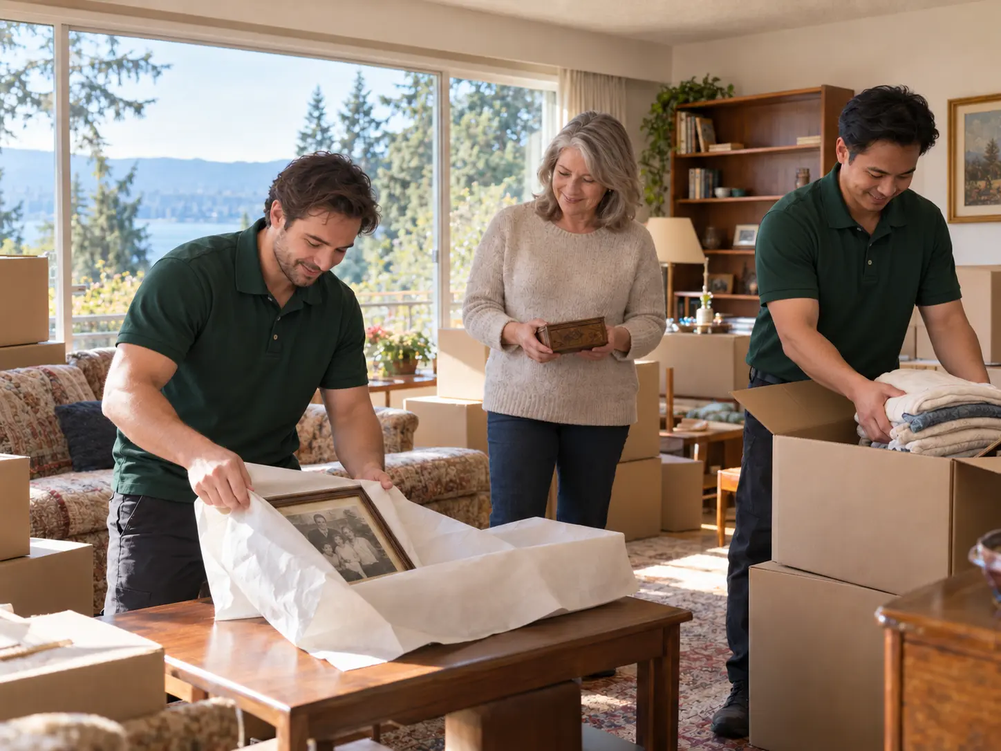 Movers carefully wrapping a framed family photo alongside a family member during an estate cleanout