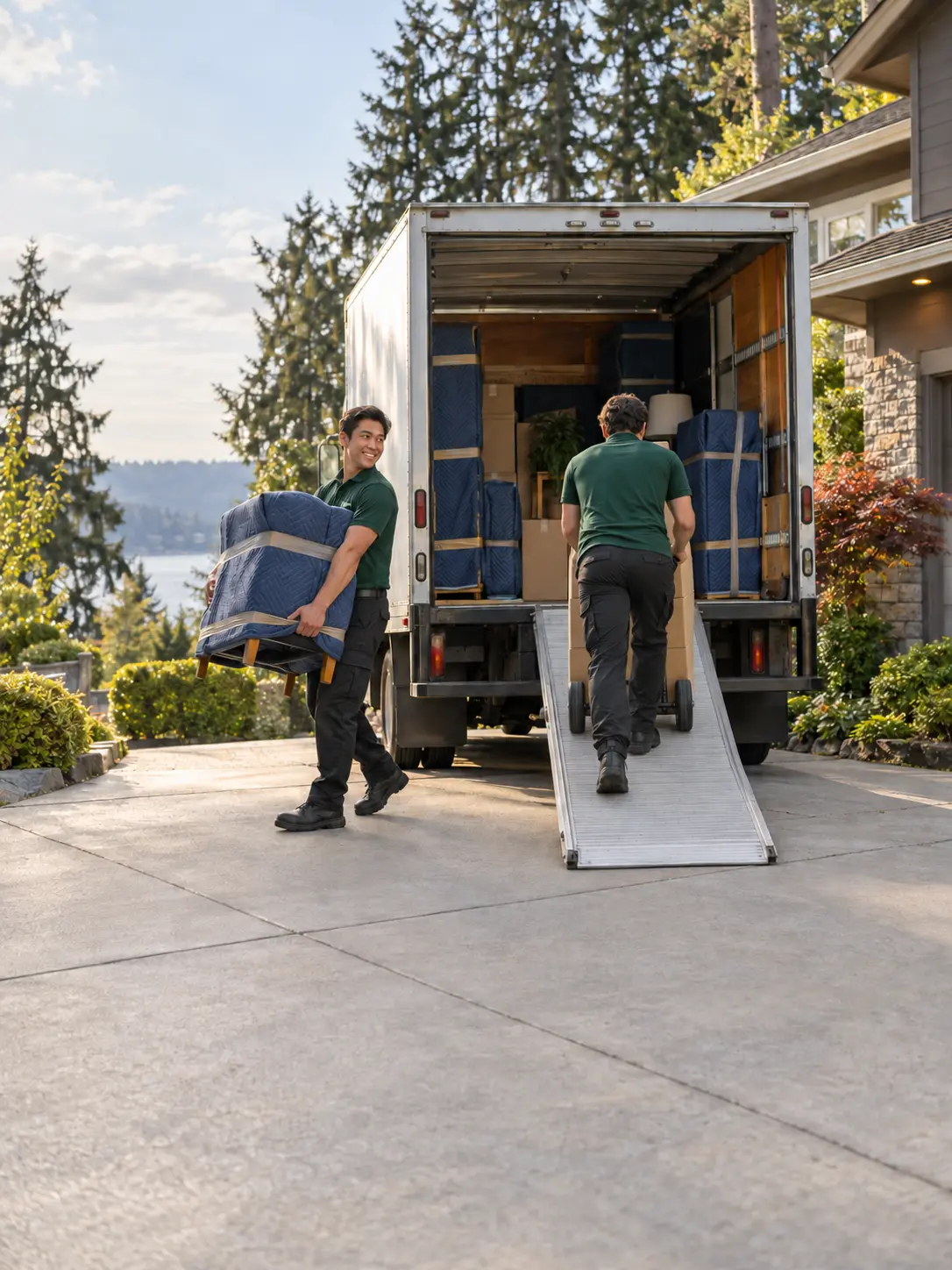 Two Get Started Home Services movers loading a moving truck outside a family home