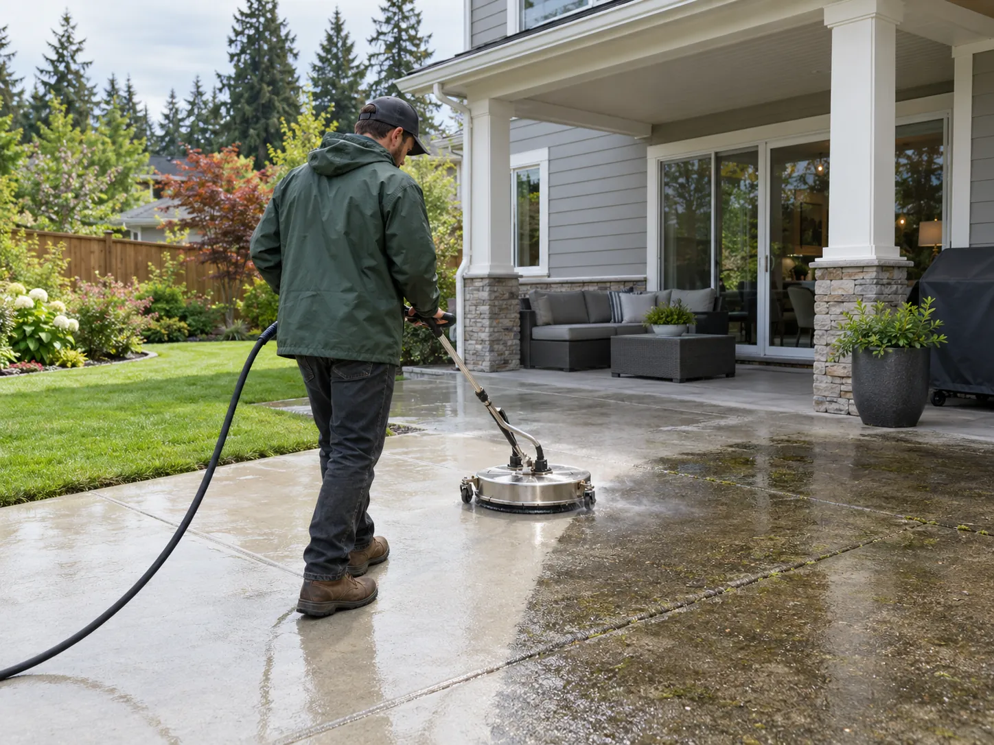 Pressure washing a backyard patio to prepare a home for sale
